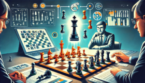 A strategic chess-themed illustration highlighting key endgame principles. The image shows a simplified board with a king actively controlling key squares and supporting a pawn on its way to promotion. The background conveys a tactical atmosphere, emphasizing the king's active role and the pawn's importance in the endgame.