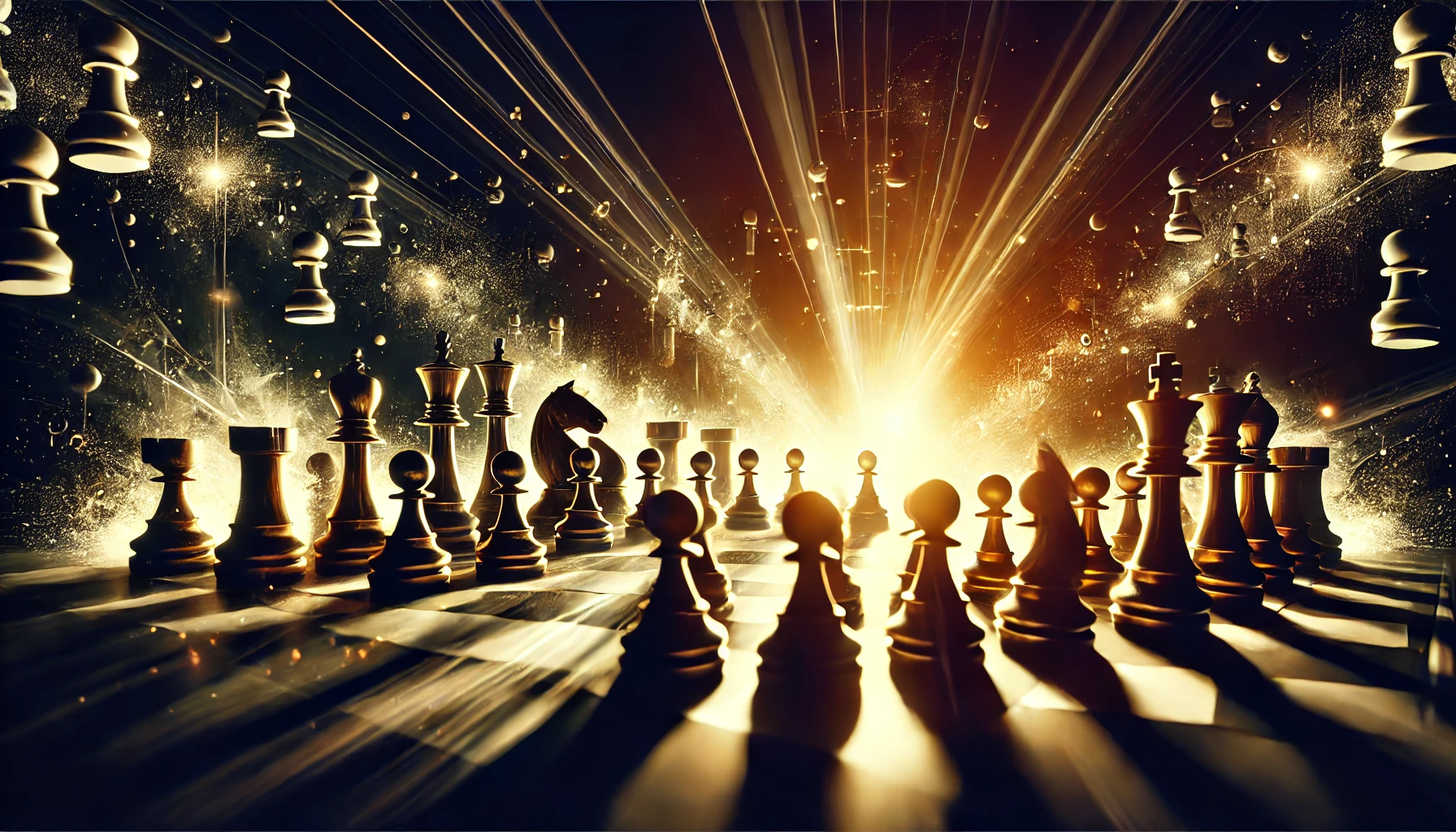 Eine dramatische Schachillustration, die die Intensität der Mittelspielphase hervorhebt, mit aktiver Figurenkoordination, komplexen Bauernstrukturen und strategischer Positionierung, die den Spielverlauf bestimmt.