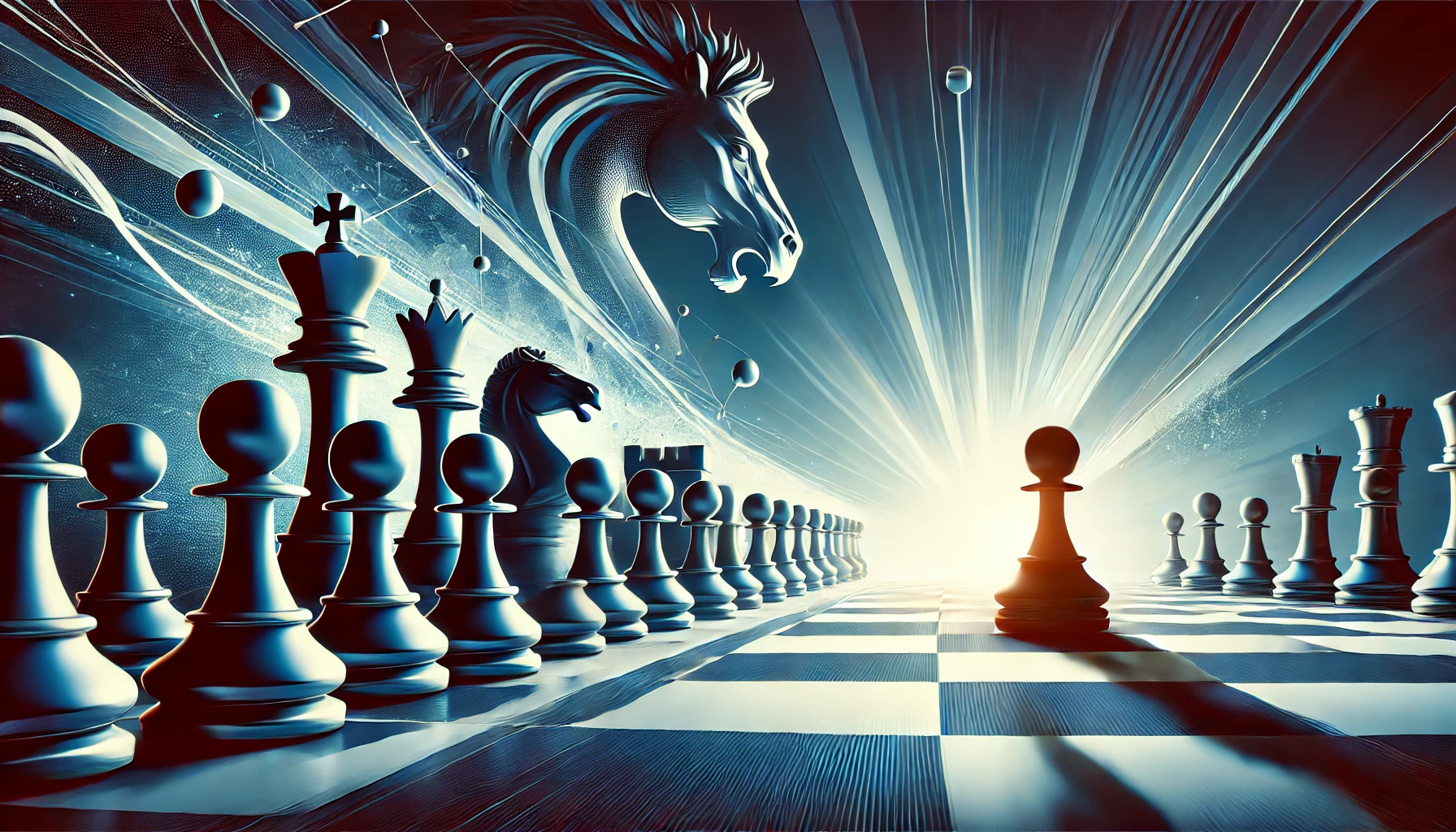 A dynamic chess-themed illustration depicting the endgame stage, where a small advantage can lead to victory. The image focuses on a chessboard with minimal pieces left, highlighting a king and pawn advancing toward promotion. The background emphasizes strategy and decision-making, with a sharp color palette of deep blues and light accents.