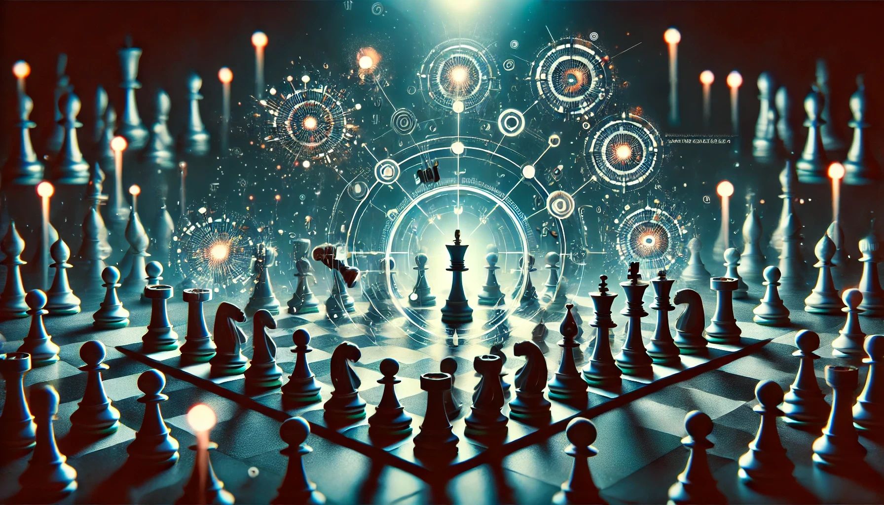 Eine dynamische Schachillustration, die taktische Meisterschaft im Mittelspiel hervorhebt, mit intensiven strategischen Kämpfen, wichtigen Motiven wie Gabeln, Fesselungen, entdeckten Angriffen und Opfern, die Berechnung und Präzision betonen.