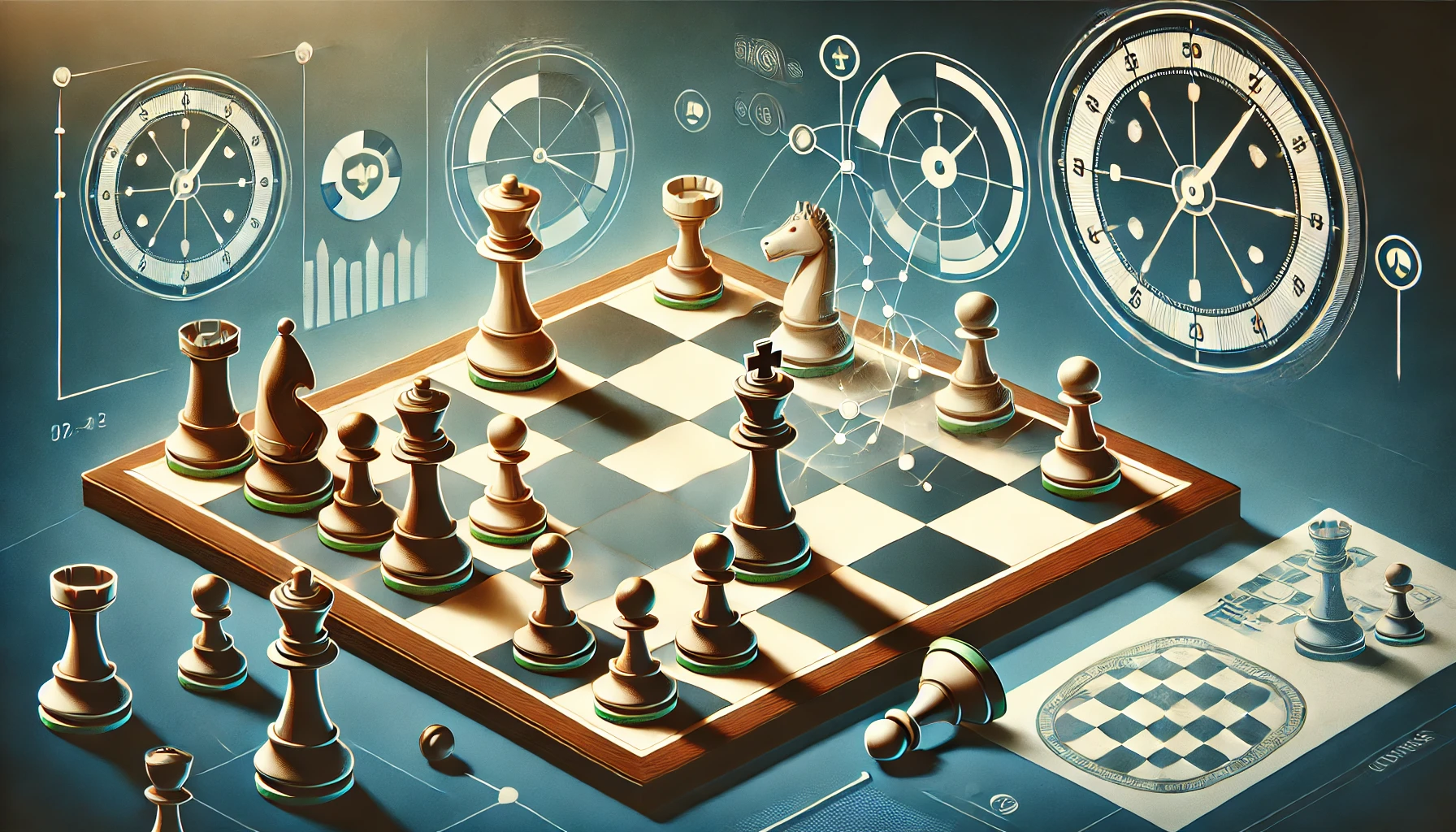 A strategic chess-themed illustration highlighting key endgame principles. The image shows a simplified board with a king actively controlling key squares and supporting a pawn on its way to promotion. The background conveys a tactical atmosphere, emphasizing the king's active role and the pawn's importance in the endgame.