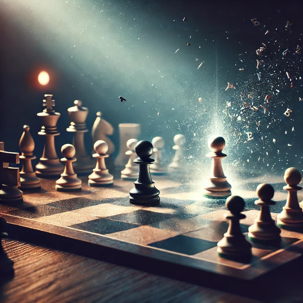 A visually detailed chessboard illustrating the 'En Passant' move, showing a white pawn on e5 capturing a black pawn that just moved from d7 to d5. The scene has dramatic lighting, emphasizing the uniqueness of this rare chess move.