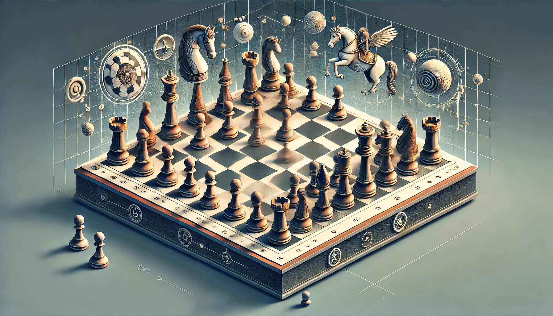 Eine dynamische Schachillustration, die Raumkontrolle und Figurenkoordination zeigt, mit gut platzierten Türmen auf offenen Linien, Springern auf starken Außenposten und einer strukturierten Bauernformation für optimales Spiel.