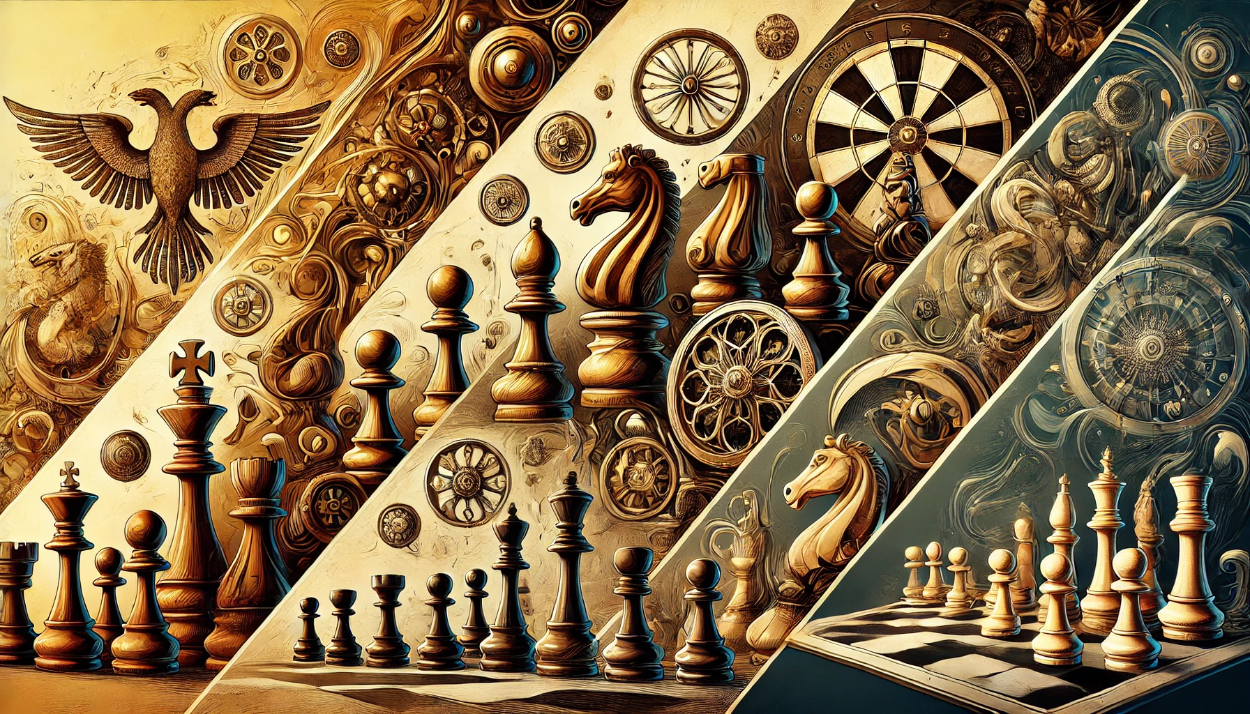 A visually stunning illustration showcasing the evolution of chess sets as an art form. The image features a blend of ancient carved wooden pieces, luxurious jeweled chess sets, and modern designer boards, highlighting the artistic and cultural significance of chess throughout history.