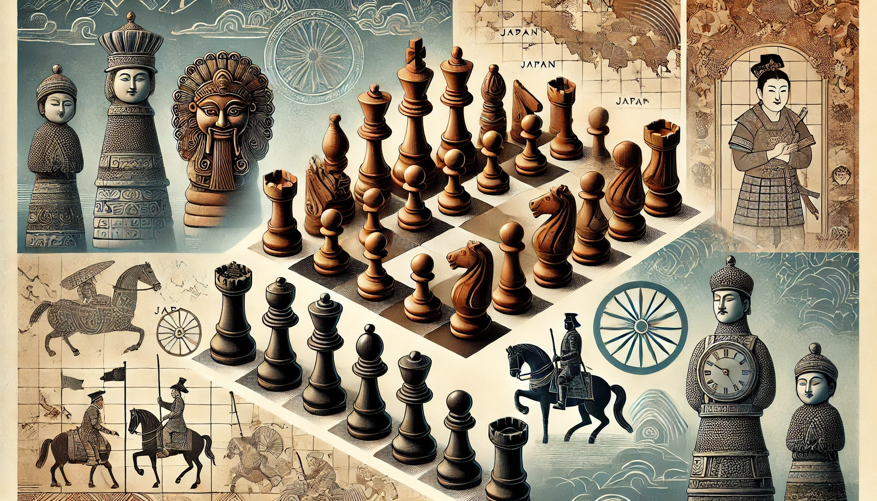 An artistic illustration highlighting the cultural significance of chess sets worldwide. The image features intricately carved chess pieces from India with traditional ornaments, minimalist Shogi pieces from Japan, and a European historical chess set depicting famous battles and rulers, symbolizing chess as a global artistic heritage.
