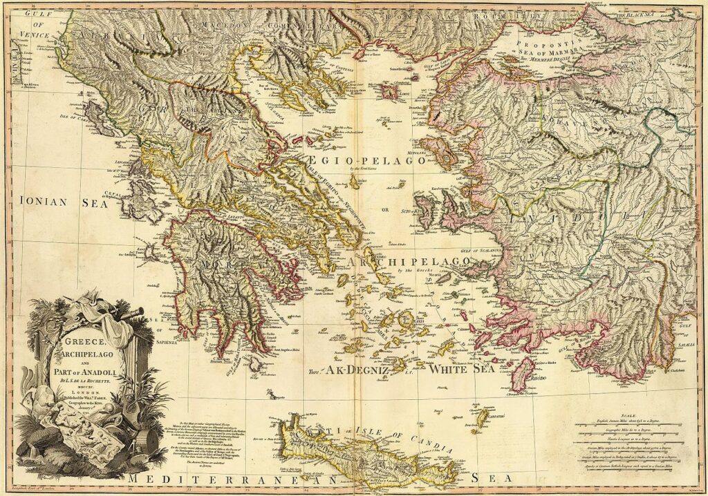Antique 1791 map of Greece, the Archipelago, and part of Anatolia by cartographer Louis Stanislas d'Arcy Delarochette, showcasing detailed geographical features and historical territories.