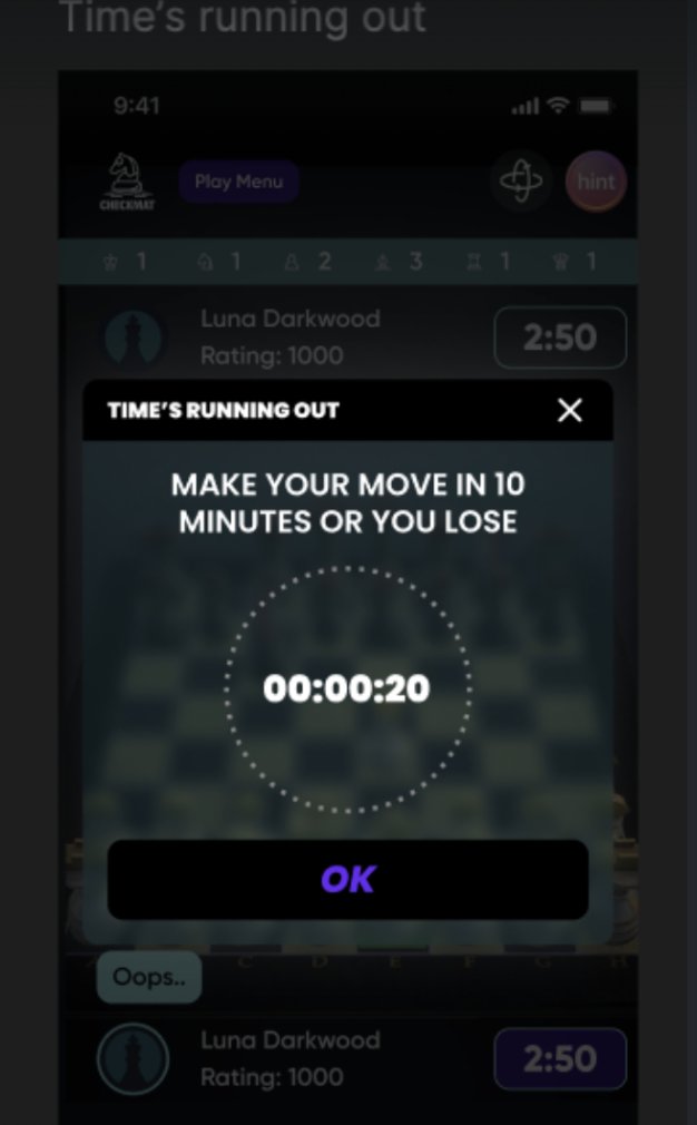Chess app timer warning showing a countdown and the message 'Make your move in 10 minutes or you lose.'