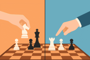 Μινιμαλιστική ψηφιακή εικονογράφηση σκακιέρας χωρισμένης στα δύο – στη μία πλευρά ένα χέρι που κάνει τακτική κίνηση με τον ίππο και στην άλλη ένα χέρι που δείχνει προς τον πύργο, συμβολίζοντας τη στρατηγική σκέψη.