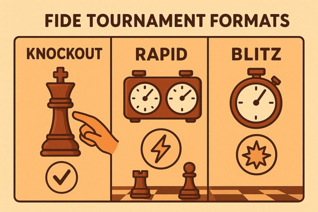 Цифрова ілюстрація, що показує три формати шахових турнірів FIDE — knockout, rapid і blitz — як окремі частини на шахівниці, що символізують стратегію, швидкість і напруження.