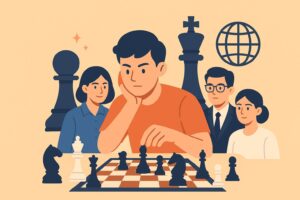 A modern digital illustration showing young chess players surrounded by futuristic elements, symbolizing innovation, technology, and the new generation of chess in 2025.