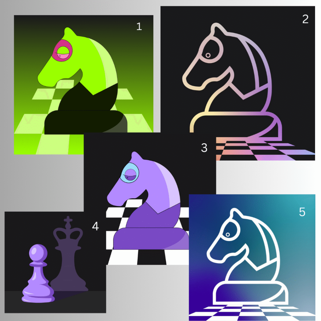 Five stylized chess knights in different colors and designs on chessboards.