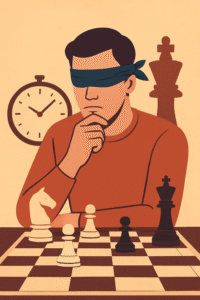 An illustration of a chess player with a blindfold, thoughtfully sitting at a chessboard. In the background, a chess clock and a silhouette of a king symbolize psychological 'blindness' and the struggle to maintain focus in chess.