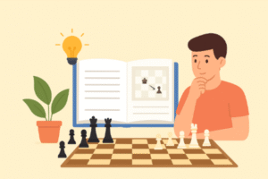 Flat-style illustration: a person studying chess with a board and an open book showing a position diagram. A light bulb above symbolizes an idea; a potted plant is in the background.