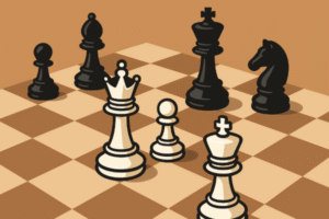 Chessboard illustration showing a tactical trap with queen, knight and bishop creating threats around the king.
