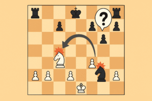 A 2D digital illustration of a chessboard showing a tense mid-game moment where a white knight on c3 and a black knight on f2 are highlighted as if in conflict, with a curved arrow and a question mark symbolizing a critical strategic mistake.