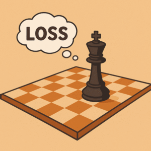 A flat digital illustration of a chessboard with a lone black king piece standing on it. A thought bubble above the king contains the word 'LOSS,' symbolizing defeat in a minimalistic, warm-toned design.