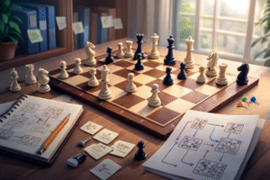 A calm, modern illustration of a person analyzing a chess position on a digital board in a softly lit room, symbolizing the creation of a personal opening repertoire.