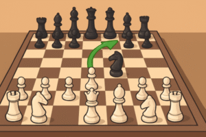 Minimalistic 2D illustration of a chess game showing white and black pieces in a risky debut position, symbolizing the consequences of a poor opening