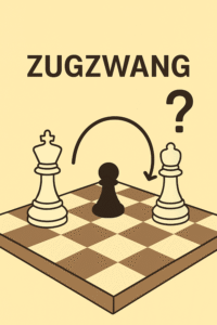 Flat 2D illustration: two white kings on the board with a black pawn between them. A curved arrow above the pawn symbolizes the forced move, and a big question mark appears on the right. A soft beige background. The image visually explains the idea of zugzwang — when any move worsens the position.
