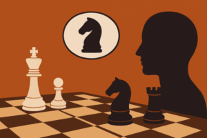Flat, stylized digital illustration of a chess position with a white king and pawn facing a black knight and rook, alongside a silhouette of a person thinking about a knight, all in warm orange tones.