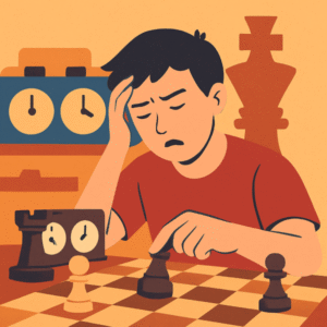 Illustration of a young chess player in a red T-shirt focused on a blitz game. In the background — a chess clock and a lightning bolt, symbolizing tension, speed, and the emotional intensity of instant play.