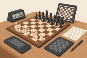 Illustration of chess equipment: wooden chessboard with pieces in the initial setup, an electronic chessboard, digital chess clock, notation sheets, and a pen on a wooden table