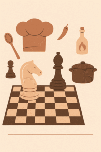 2D illustration of a chessboard and pieces in a dynamic composition symbolizing strategic attack and the fight for advantage.