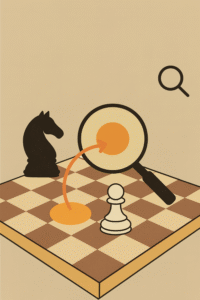 Flat chess illustration: a black knight and a white pawn on the board, with a magnifying glass highlighting a potential tactical opportunity.