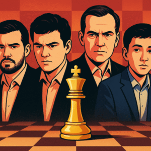 Digital illustration of four leading contenders for the 2025 World Chess Championship standing before a chessboard in dramatic lighting.