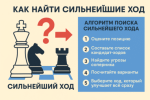 Инфографика на английском языке, объясняющая, как найти сильнейший шахматный ход, используя ходы-кандидаты, расчеты, оценку и сравнение.
