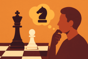 Flat digital illustration of a close-up chessboard with pieces in a tense position, and a silhouette of a player observing a decisive move