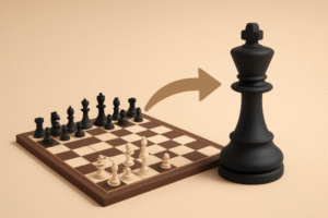3D illustration of a chessboard with arranged pieces and a large black king in the background, conveying the idea of strategic play.