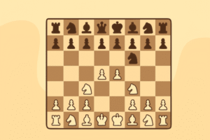 Illustration of basic chess opening principles: a two-dimensional chessboard with developing pieces, highlighting central control, quick development and king safety.
