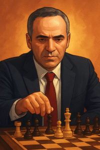 Garry Kasparov focused over a chessboard, symbolizing his revolutionary impact on the world of chess.