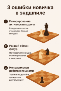 A flat infographic titled “3 Mistakes Beginners Make in Endgames,” showing three key errors with chessboard visuals: ignoring king activity, exchanging pieces too early, and playing pawns incorrectly. The design uses warm brown and beige tones for clarity and simplicity.