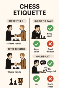 Инфографика на русском языке под названием «Шахматный этикет». На изображении показаны основные правила поведения: пожать руку до и после игры, не шуметь во время партии, проявлять уважение к сопернику и быть вежливым при онлайн-игре.