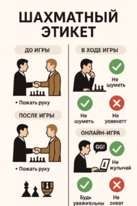 Инфографика на русском языке под названием «Шахматный этикет». На изображении показаны основные правила поведения: пожать руку до и после игры, не шуметь во время партии, проявлять уважение к сопернику и быть вежливым при онлайн-игре.