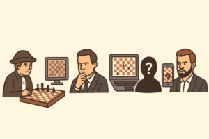 Flat digital illustration depicting the history of chess cheating — from old mechanical automata to modern online technologies.