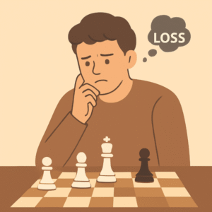 A flat-style digital illustration of a young chess player sitting at a table, thinking deeply about his next move. A cloud above his head shows the word ‘Defeat,’ symbolizing his fear of losing the game.