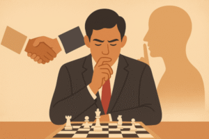 A thoughtful chess player sits at a board, symbolizing the essence of chess culture — respect, concentration, and strategic thinking. In the background, a handshake and a quiet gesture represent fair play and etiquette.