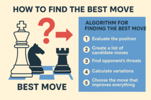 English infographic explaining how to find the strongest chess move using candidate moves, calculation, evaluation, and comparison.