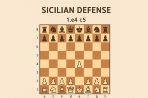 3D-rendered chessboard showing the Sicilian Defense with the move 1.e4 c5, featuring neatly arranged pieces in a clean, minimalistic style.