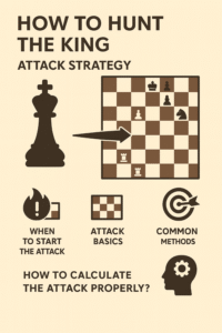 A clean 2D chess illustration showing an attacking formation aimed at the opponent’s king. Arrows highlight key attacking ideas such as opening lines, piece coordination, and pressure on weak squares, visually representing strategic concepts for launching a king-side attack in chess