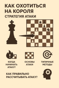 Чітка двовимірна шахова ілюстрація, що демонструє атакувальну формацію, спрямовану на короля суперника. Стрілки виділяють ключові ідеї атаки, такі як відкриття ліній, координація фігур та тиск на слабкі поля, візуально представляючи стратегічні концепції для початку атаки на королівському фланзі.