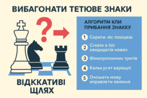 Флет-стиль інфографіка про те, як знаходити найсильніший хід у шахах: оцінка позиції, виявлення загроз, пошук кандидатів-ходів та типові помилки гравців