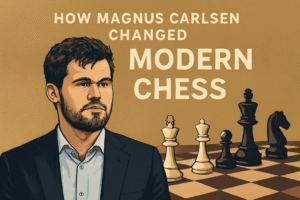 Magnus Carlsen thinking deeply during a chess game, symbolizing his impact on modern chess.