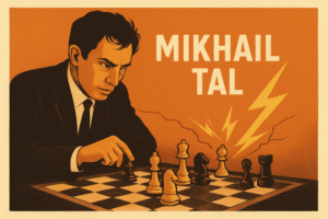 Vintage-style illustration of Mikhail Tal intensely studying a chess position, with dramatic lightning effects behind the chessboard and bold retro colors.