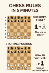 chessboard with pieces and basic chess rules