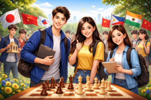 A group of young Asian chess players participating in the Freedom Asian Chess Initiatives 2026, smiling and engaged in a chess game outdoors, with flags from various Asian countries in the background