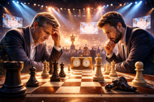 Two chess players facing each other in a high-stakes must-win game, intense focus over a chessboard with pieces, clock, and trophy symbolizing decisive tournament pressure